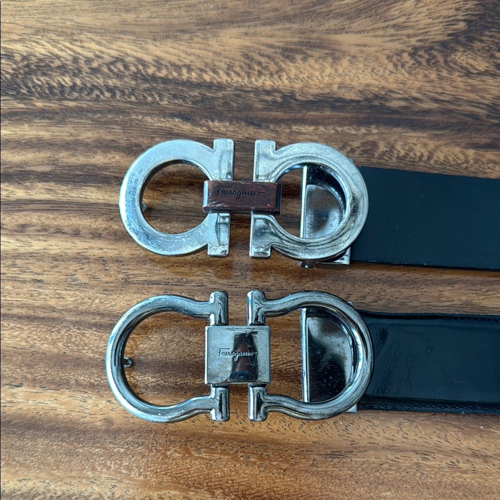 Salvatore Ferragamo Gancinj men’s Black Leather Belt with silver buckle (two)